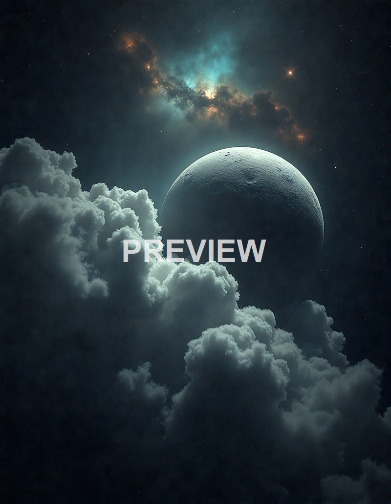 The image depicts a celestial scene featuring a large, cratered moon partially obscured by fluffy clouds in the foreground, with a vibrant nebula and stars in the background.